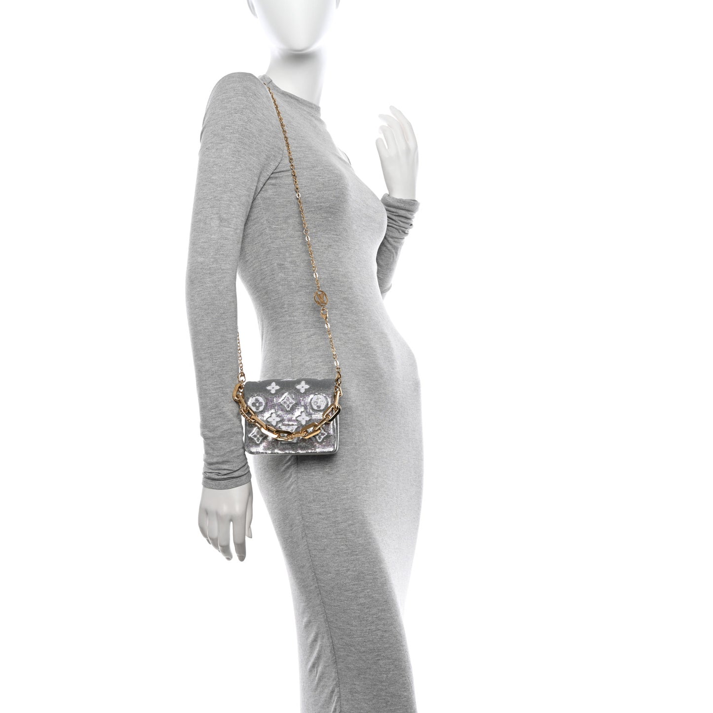 Satin Sequin Embroidered Monogram Coussin Belt Bag Silver