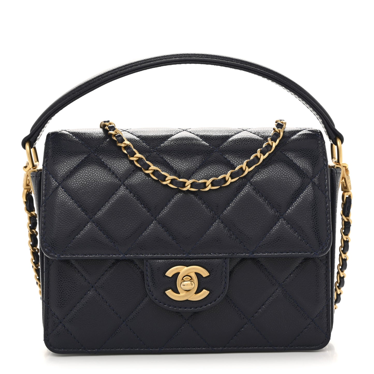 Shiny Caviar Quilted Mini Top Handle Flap Navy Blue