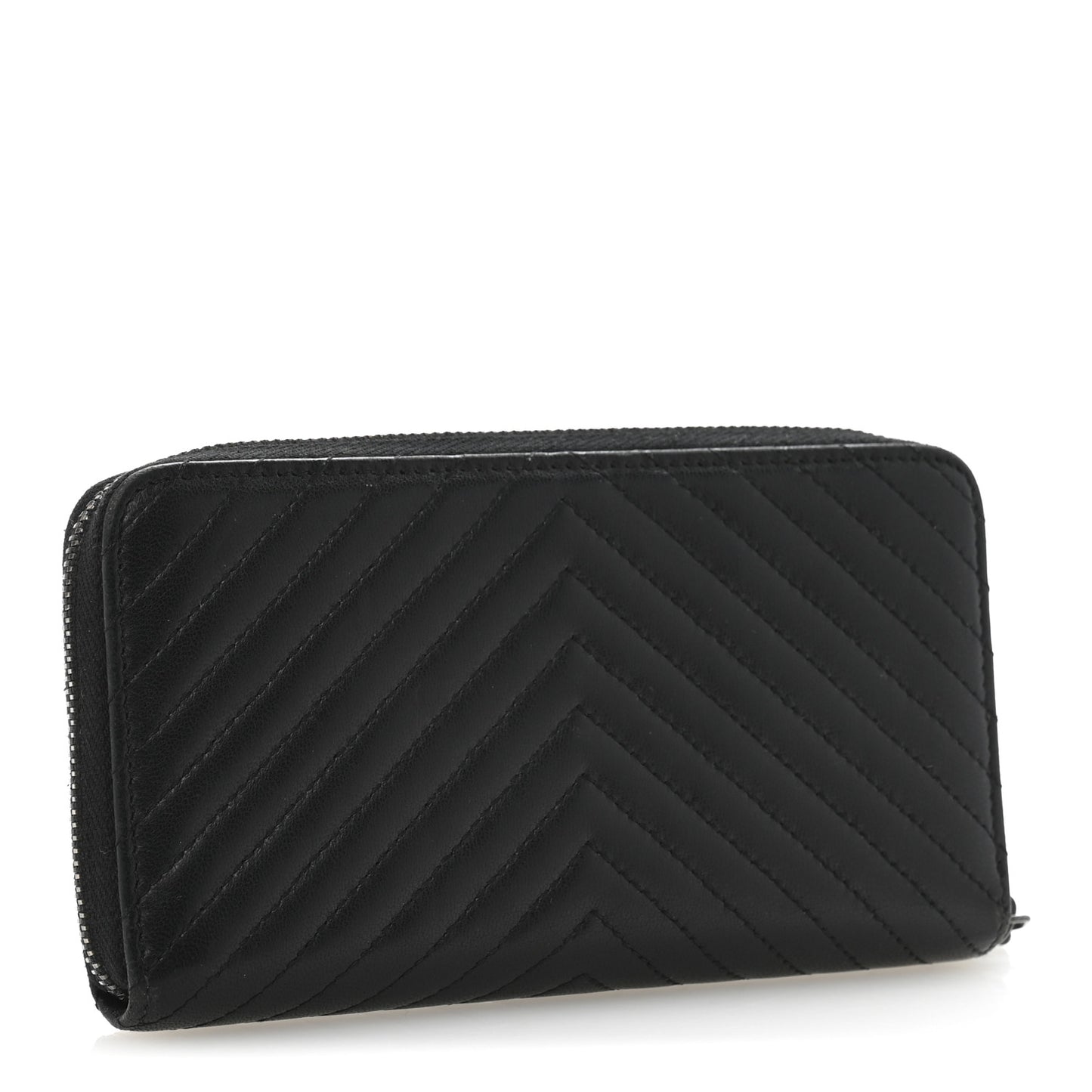 Lambskin Chevron Quilted Zip Around Wallet Black