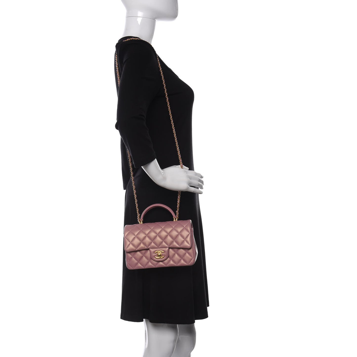 Iridescent Lambskin Quilted Mini Top Handle Rectangular Flap Pink