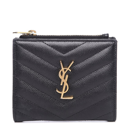 Saint Laurent Grain De Poudre Matelasse Chevron Monogram Zipped Card Case Black 1 of 9