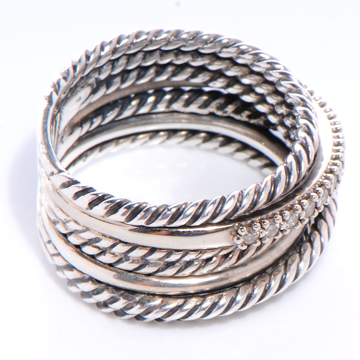 Sterling Silver 14K White Gold Diamond 11mm Wide Crossover Cable Ring 52 6