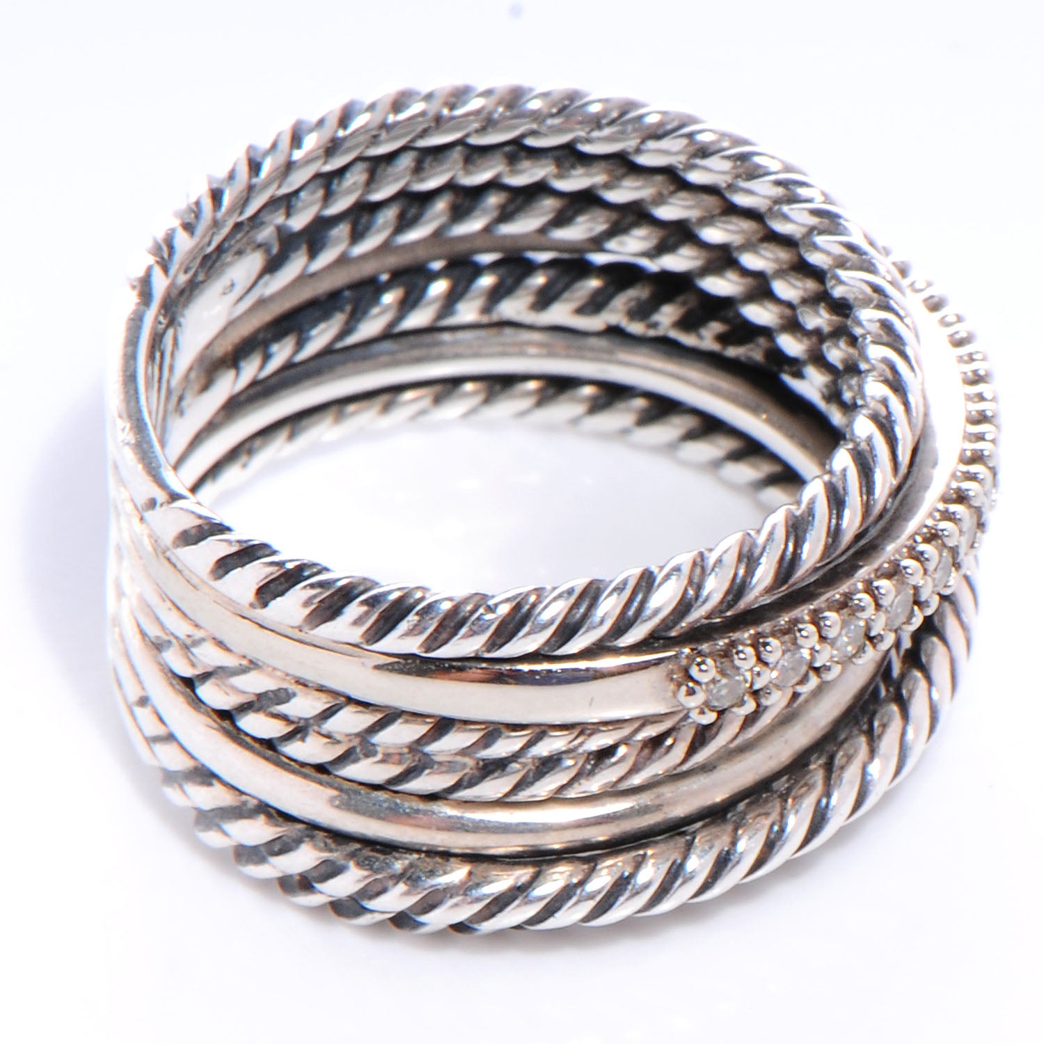 David Yurman Sterling Silver 14K White Gold Diamond 11mm Wide Crossover Cable Ring 52 6 4 of 4