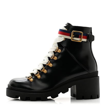 Gucci Calfskin Sylvie Web Womens Lace Up Combat Boots 36 Black 1 of 11
