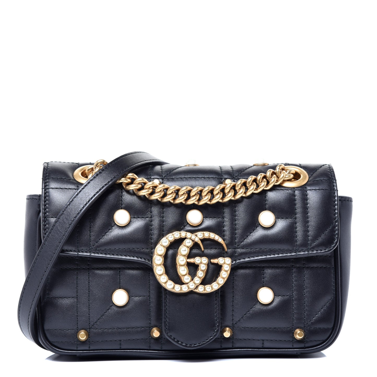 Calfskin Matelasse Studded Mini Pearly GG Marmont Shoulder Bag Black