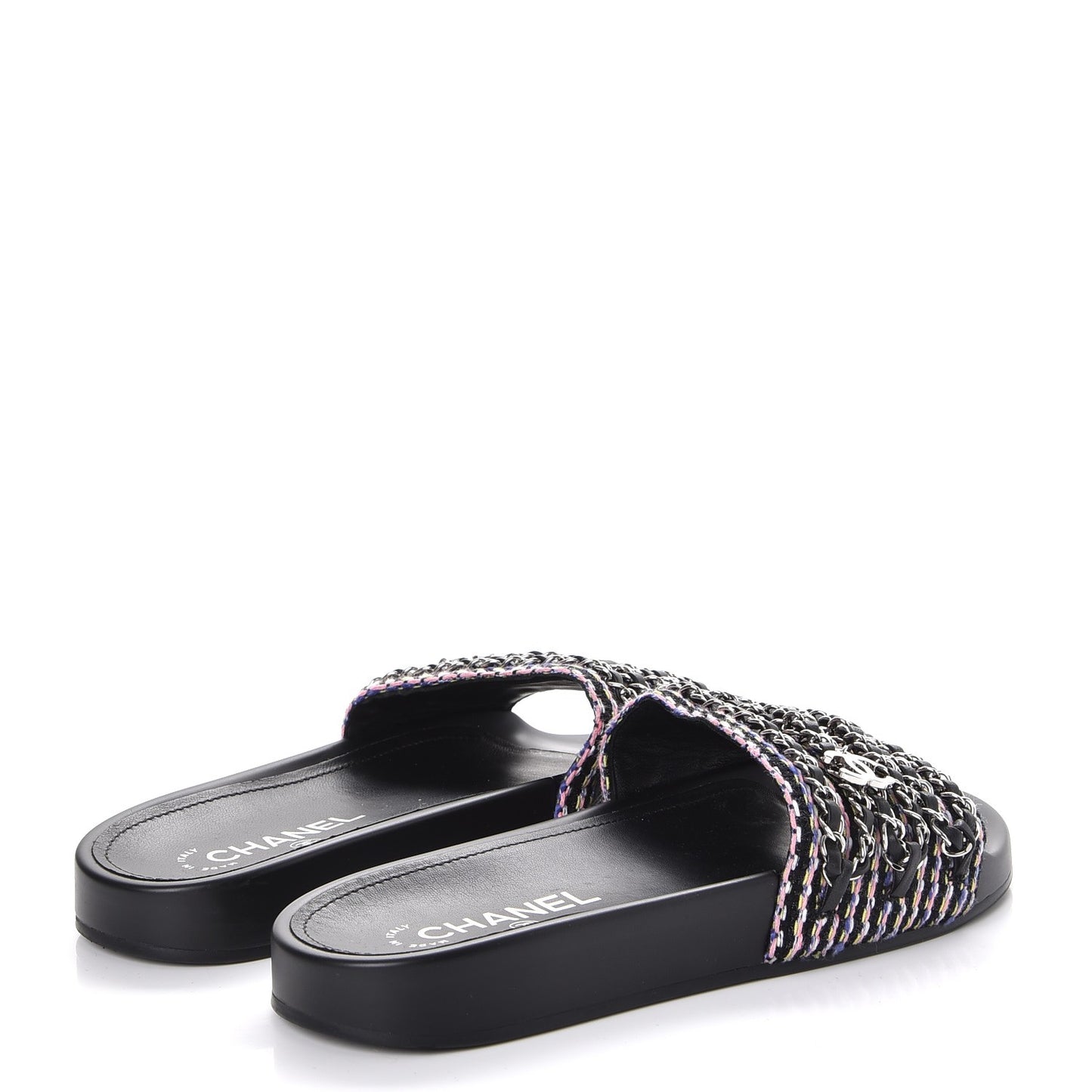 Tweed Lambskin Chain Flat Sandals 38 Black Multicolor