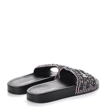 Chanel Tweed Lambskin Chain Flat Sandals 38 Black Multicolor 4 of 8