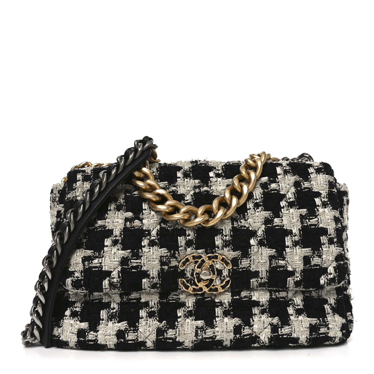 Chanel Tweed Quilted Large Chanel 19 Flap Black Ecru White 1 of 12