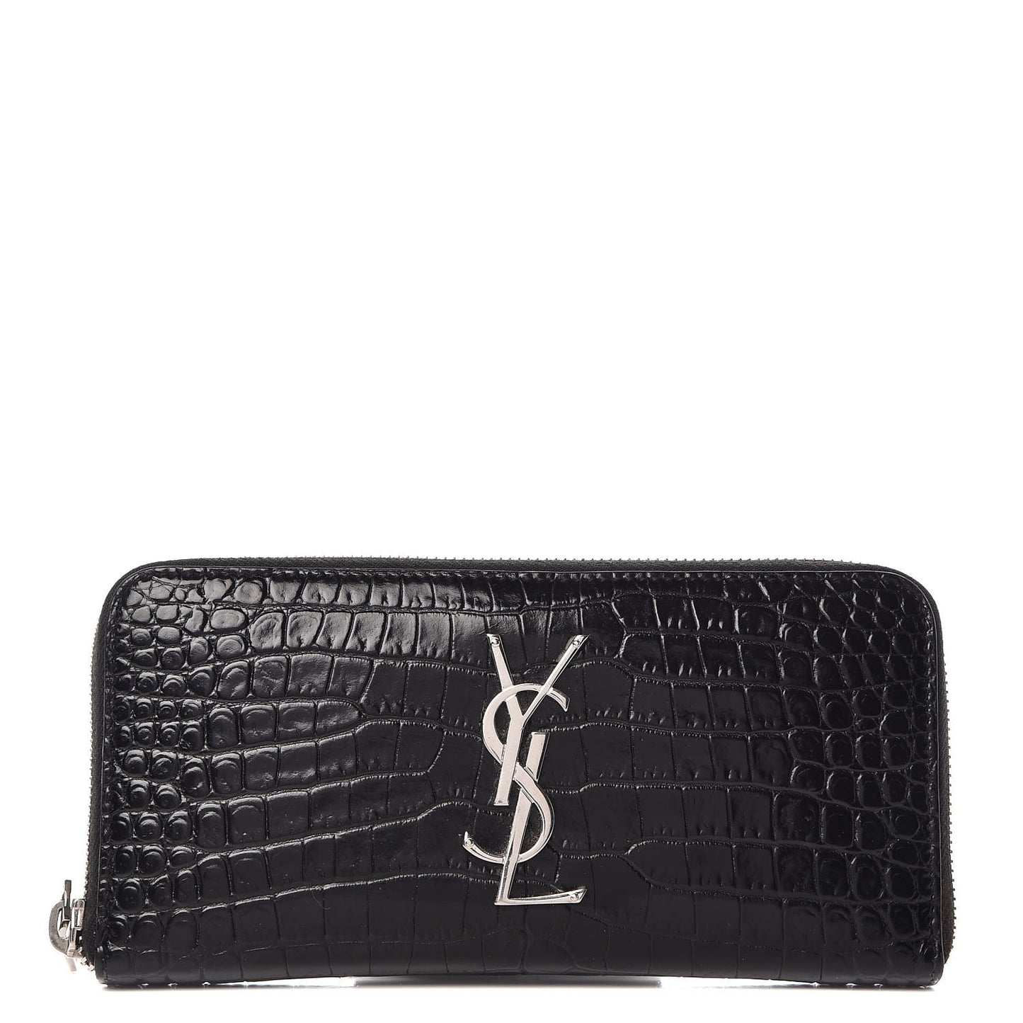 Calfskin Crocodile Embossed Monogram Zip Around Wallet Black