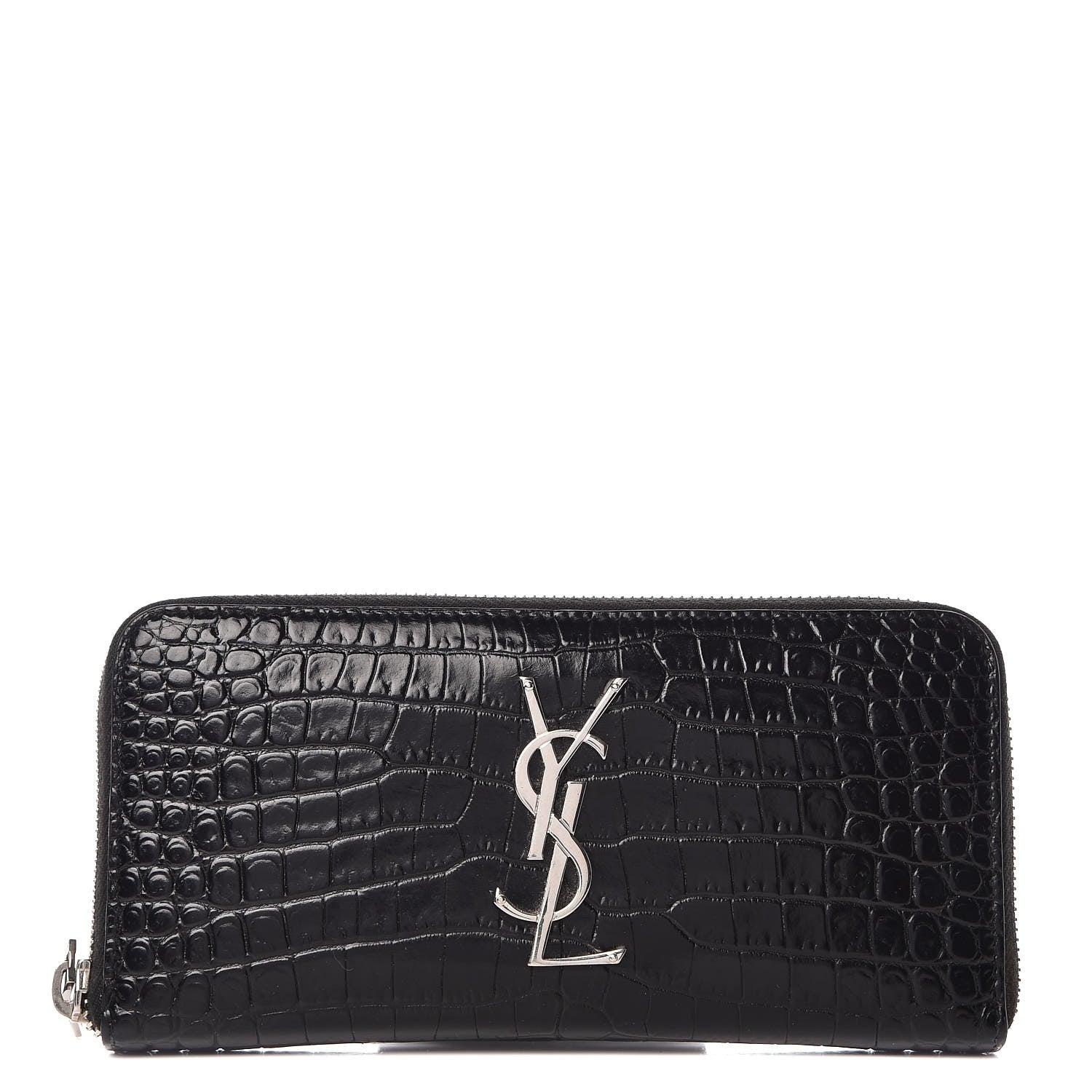 Saint Laurent Calfskin Crocodile Embossed Monogram Zip Around Wallet Black 1 of 8