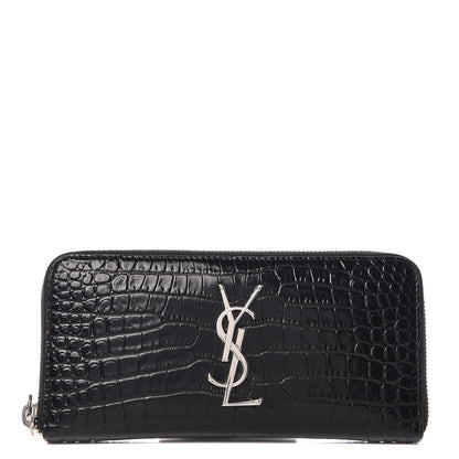 Saint Laurent Calfskin Crocodile Embossed Monogram Zip Around Wallet Black 1 of 8