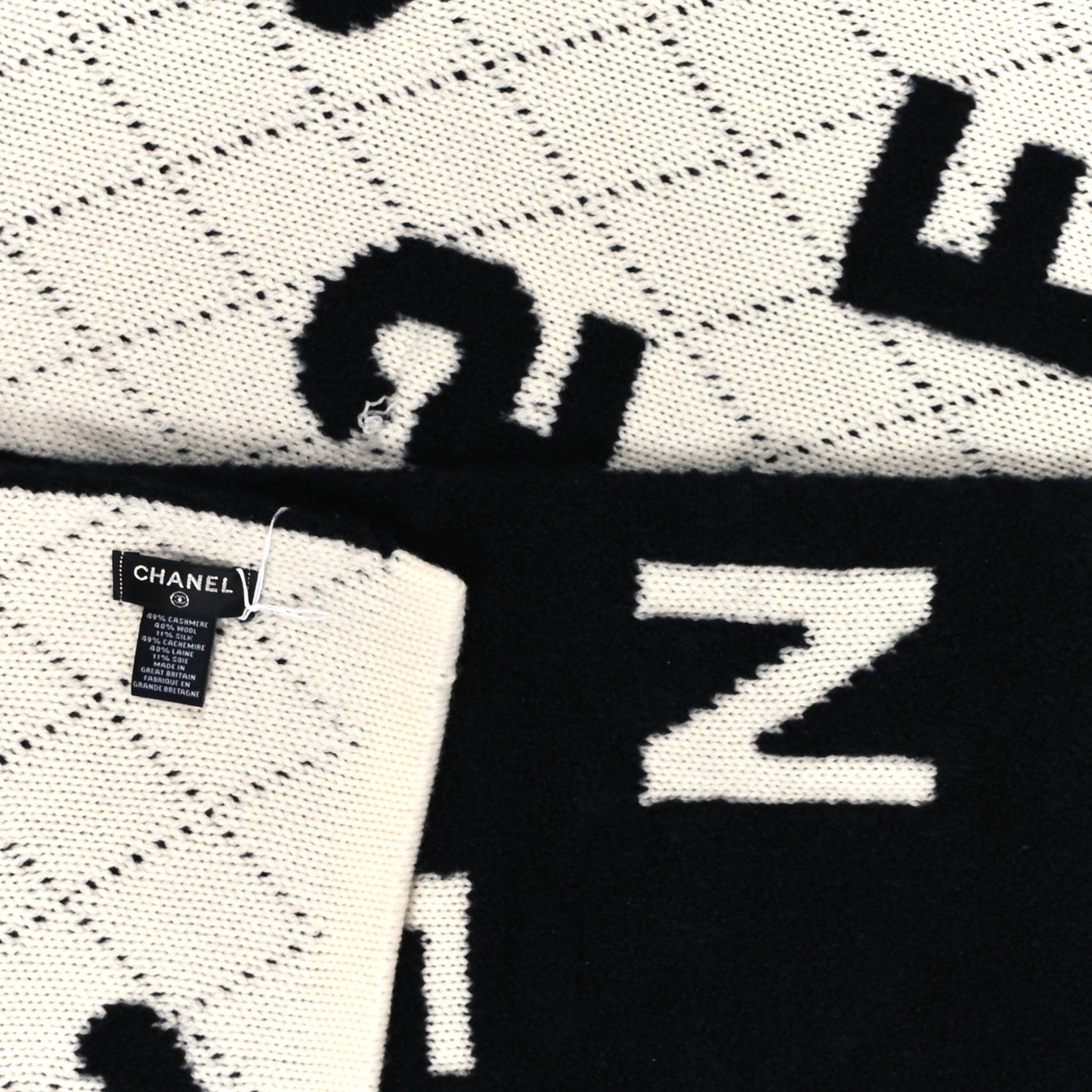 Chanel Wool Cashmere Silk CC Scarf Black White 3 of 3