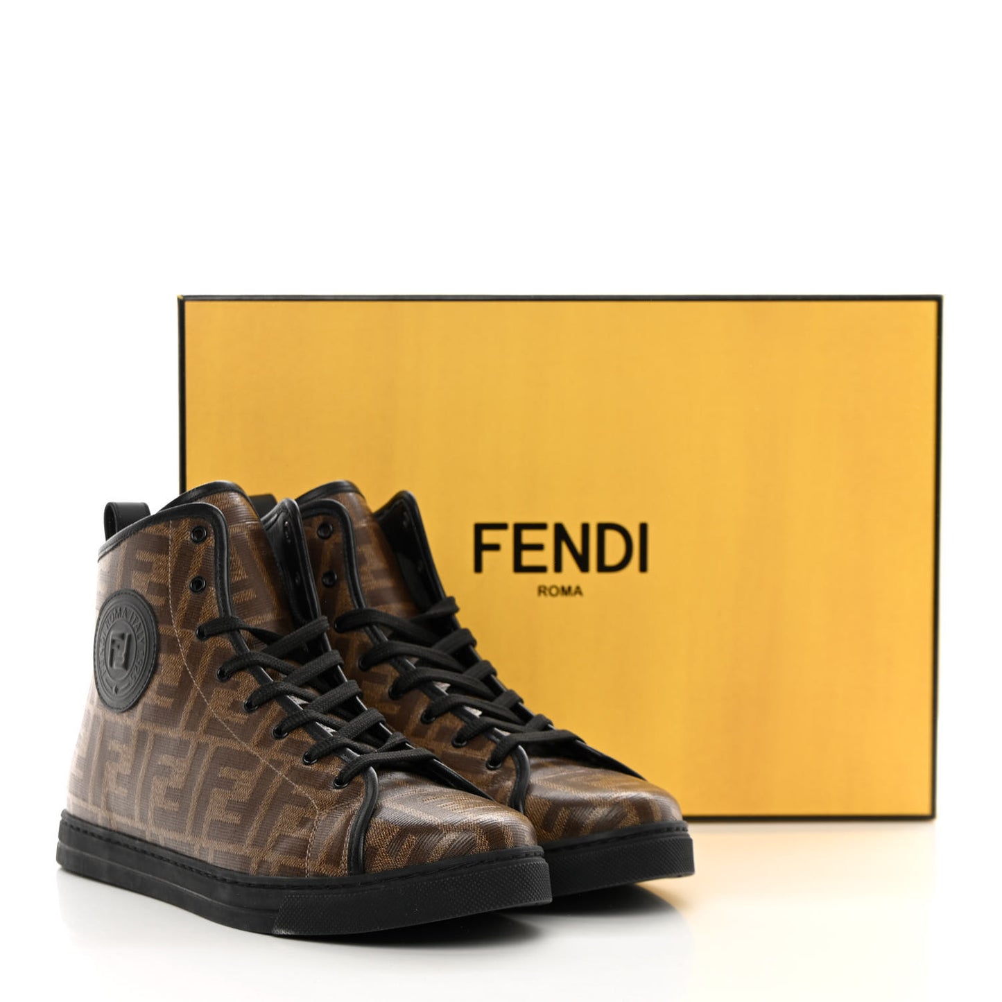 Glazed Fabric FF 1974 Stamp Patch High Top Sneakers 39.5 Mogano Panna Black