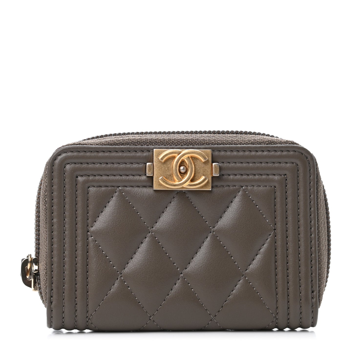 Lambskin Quilted Boy Zip Around Coin Purse Wallet Khaki