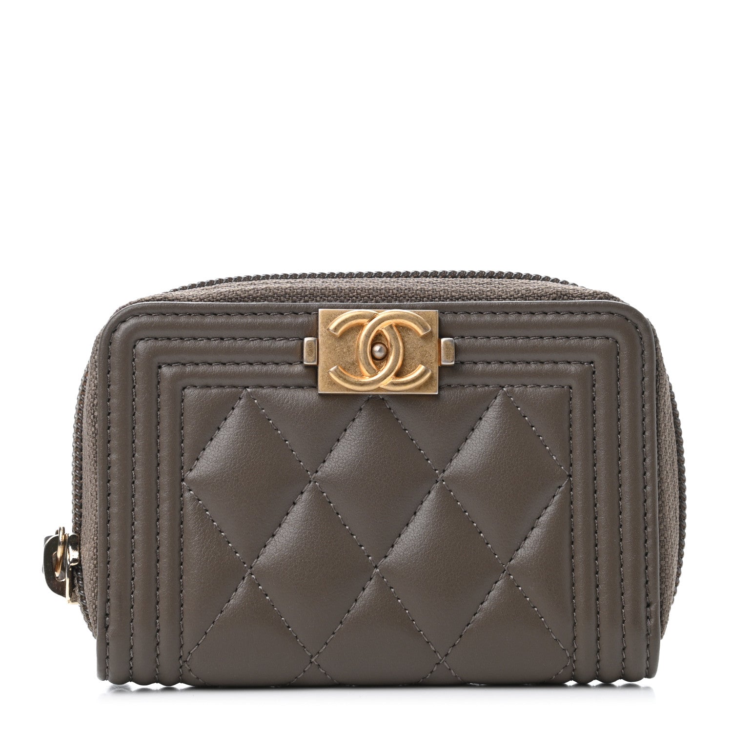 Chanel Lambskin Quilted Boy Zip Around Coin Purse Wallet Khaki 1 of 4