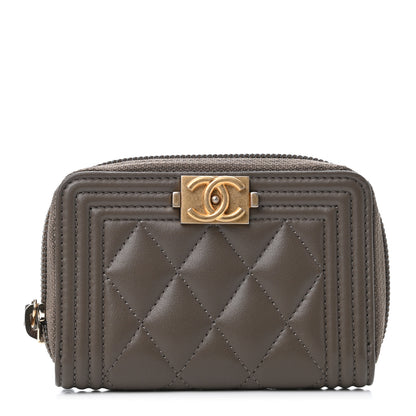 Chanel Lambskin Quilted Boy Zip Around Coin Purse Wallet Khaki 1 of 4