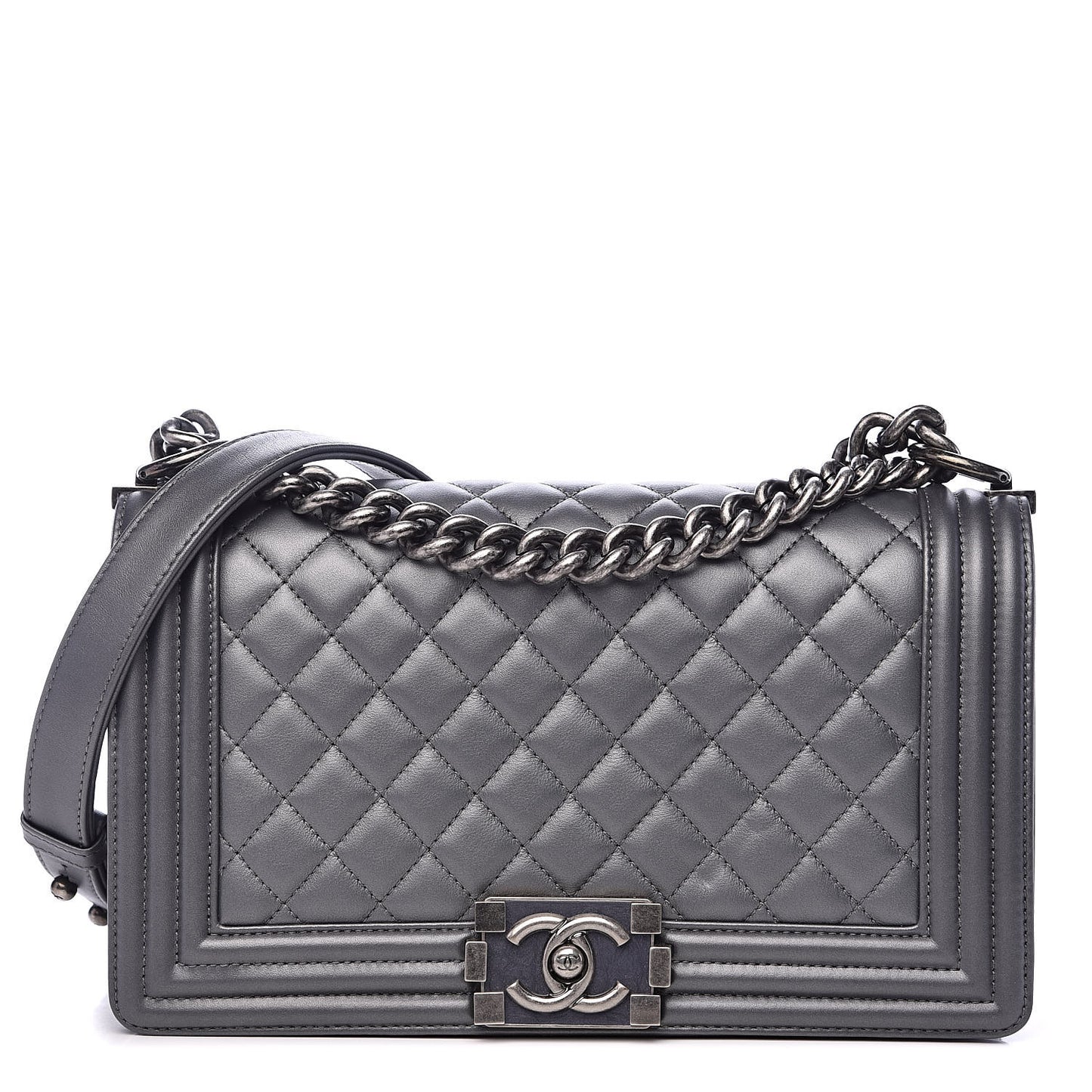 Metallic Calfskin Quilted Medium Boy Flap Dark Silver