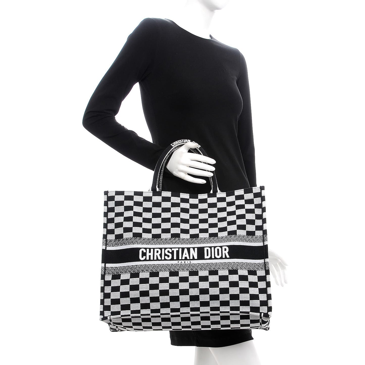 Canvas Embroidered Checkered Book Tote Black White