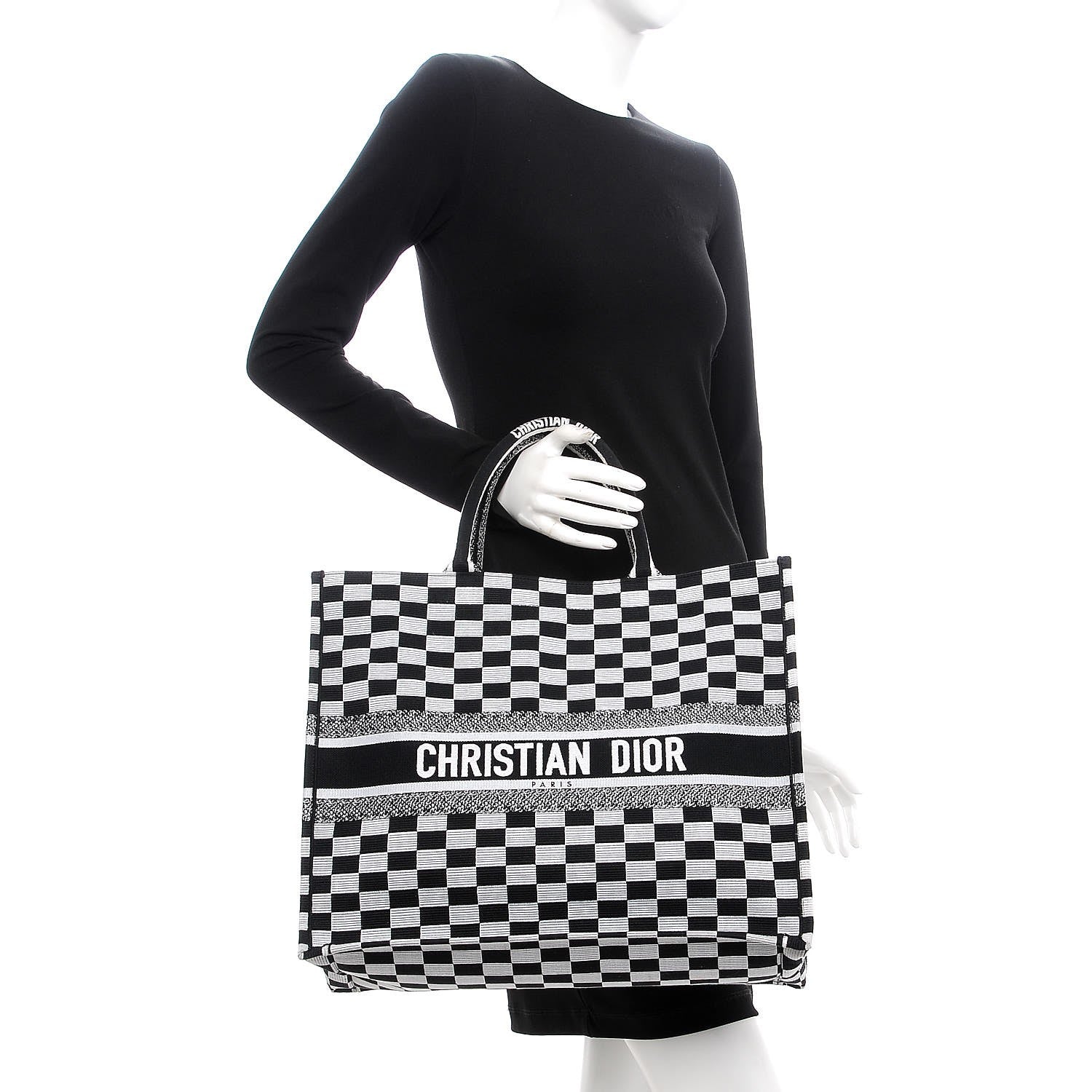 Christian Dior Canvas Embroidered Checkered Book Tote Black White 2 of 7