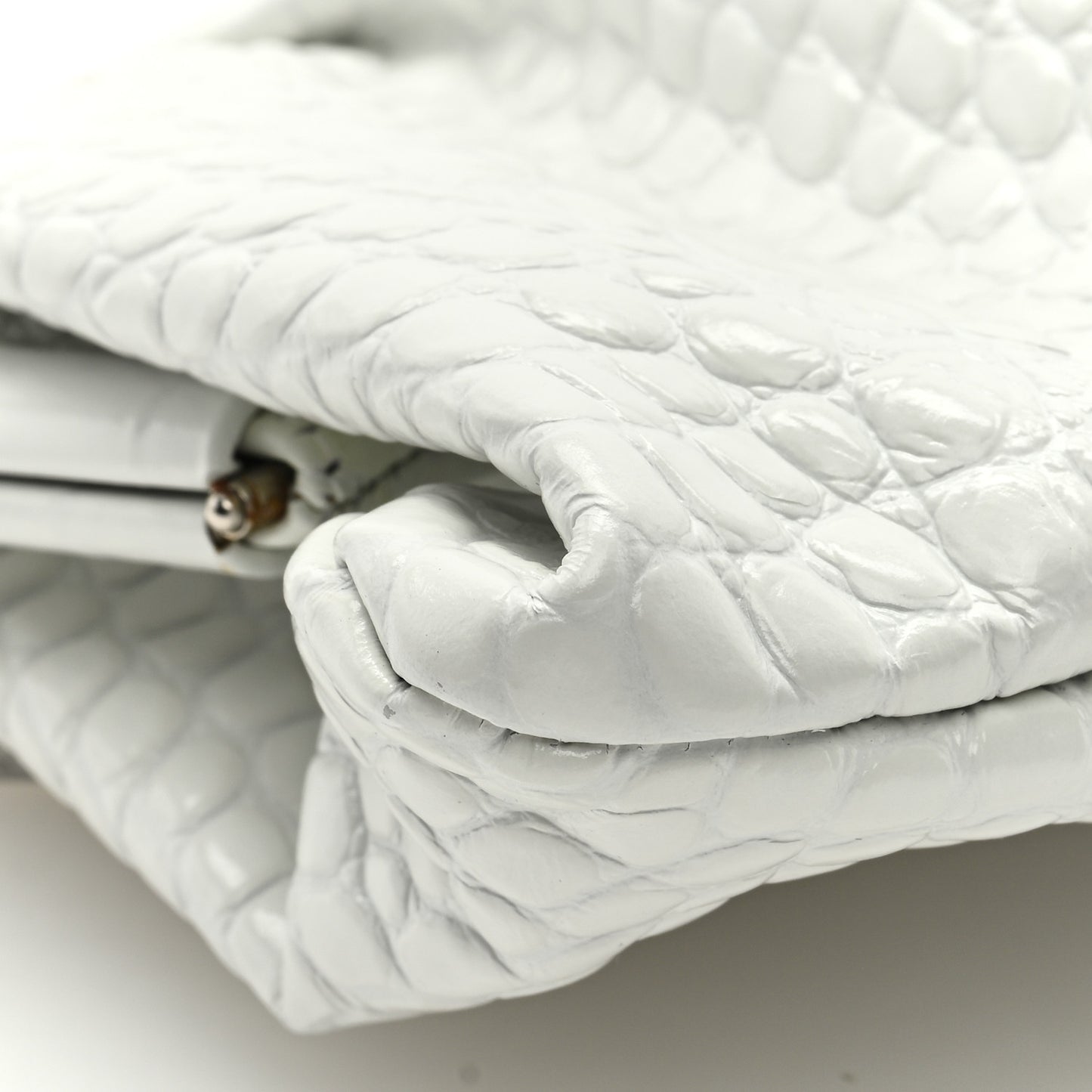 Shiny Supple Calfskin Logo Crocodile Embossed XL Cloud Clutch White