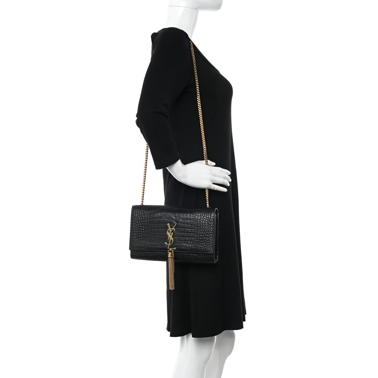 Calfskin Crocodile Embossed Medium Classic Monogram Kate Tassel Satchel Black