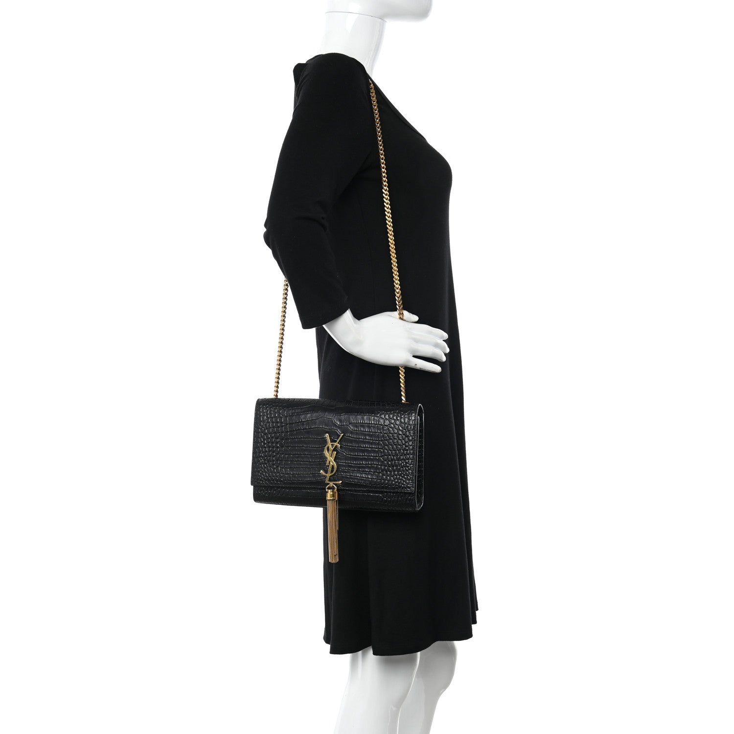 Saint Laurent Calfskin Crocodile Embossed Medium Classic Monogram Kate Tassel Satchel Black 2 of 9