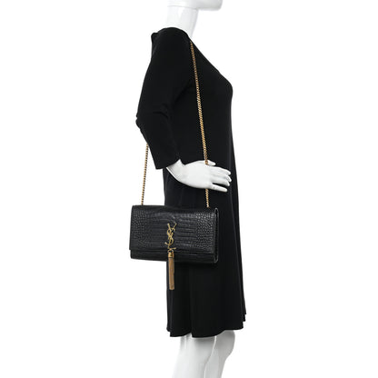 Saint Laurent Calfskin Crocodile Embossed Medium Classic Monogram Kate Tassel Satchel Black 2 of 9