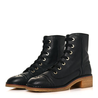 Chanel Calfskin Lace Up Combat Boots 38.5 Black 3 of 12