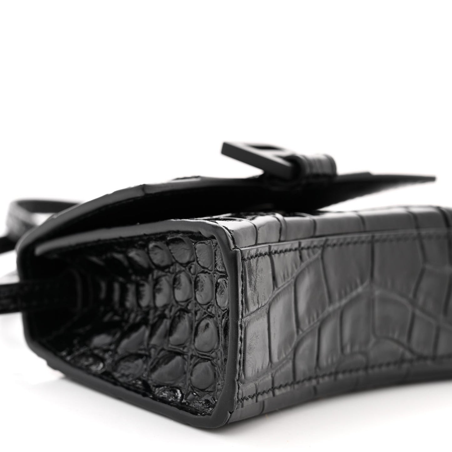Shiny Calfskin Monochrome Crocodile Embossed Hourglass Top Handle Bag Mini Black