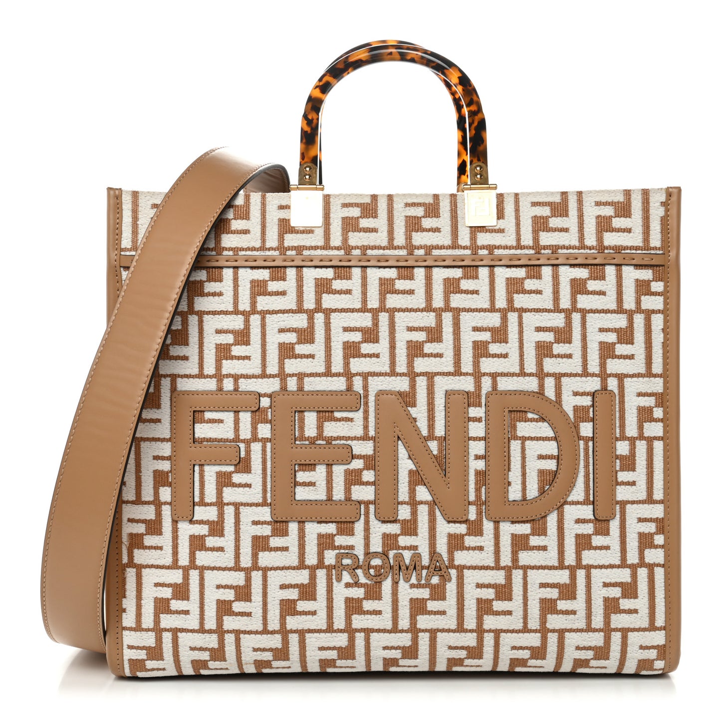 Woven Fabric Calfskin FF Medium Fendi Sunshine Shopper Tote Natural White Dark Honey