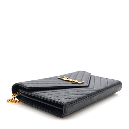 Saint Laurent Grain De Poudre Matelasse Chevron Monogram Chain Wallet Black 4 of 9