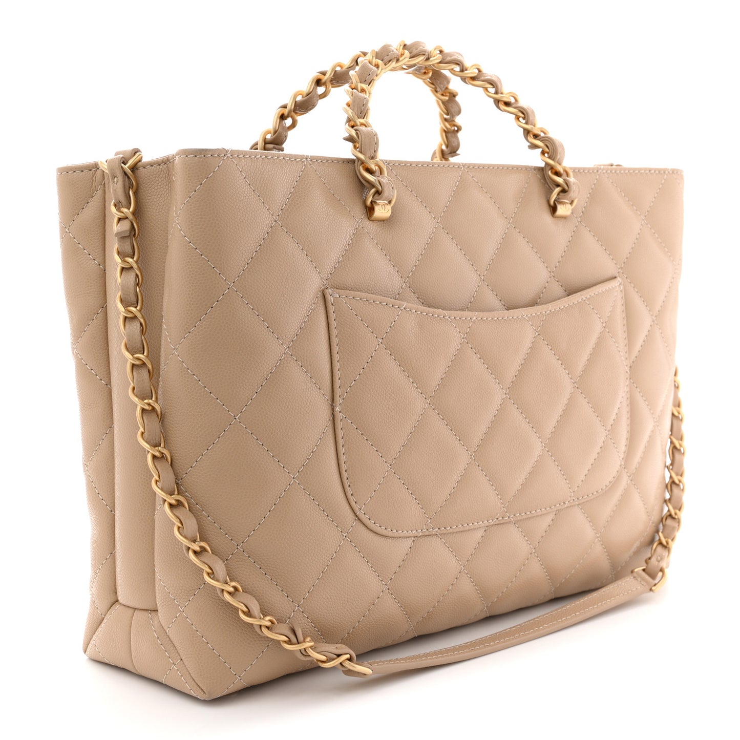 Shiny Caviar Quilted Chain Handle Shopping Tote Beige
