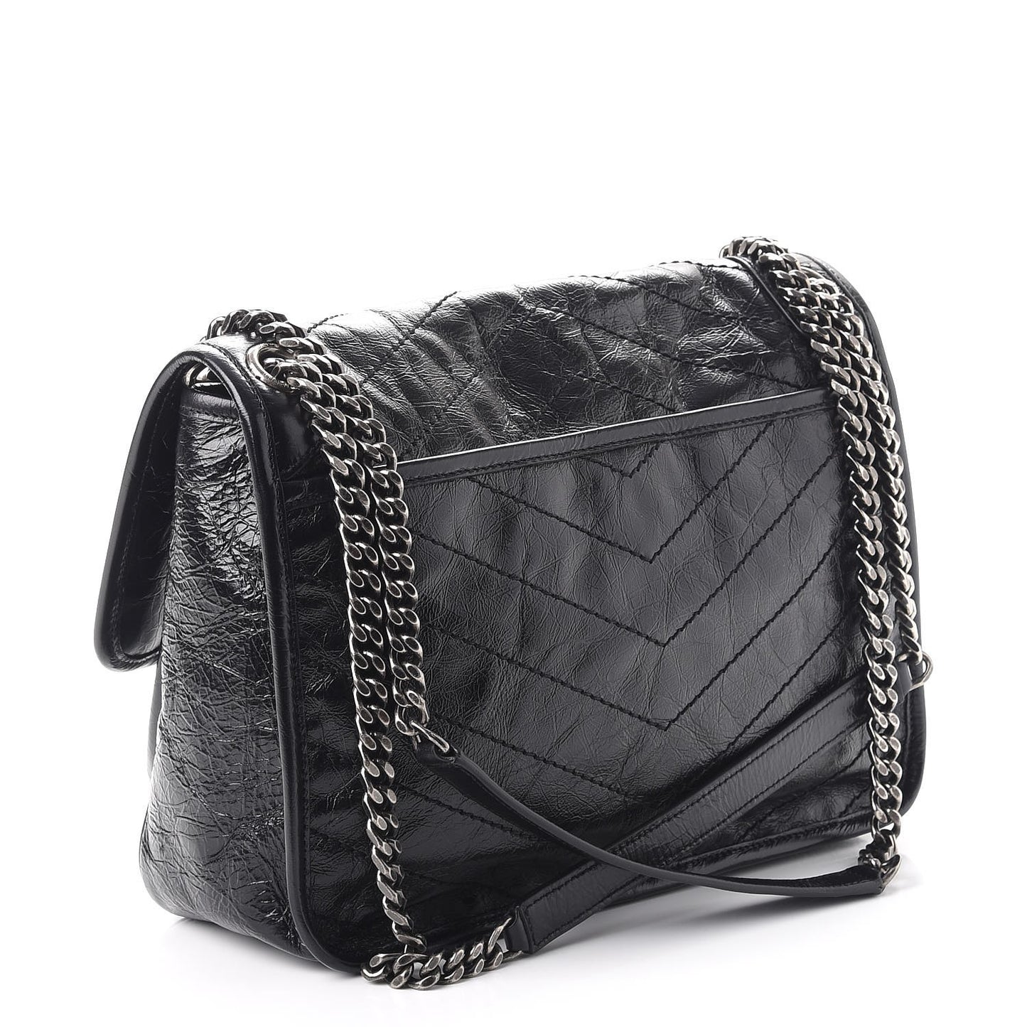 Crinkled Calfskin Matelasse Monogram Medium Niki Chain Satchel Black