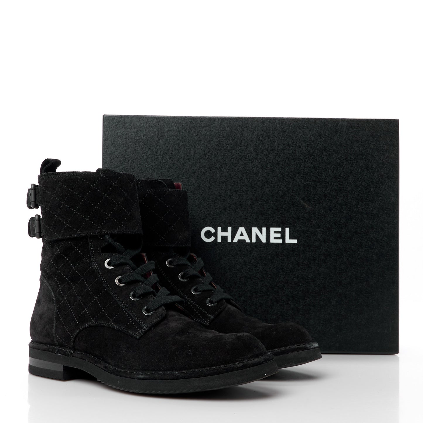 Suede Calfskin Quilted Combat Short Boots 41 Black