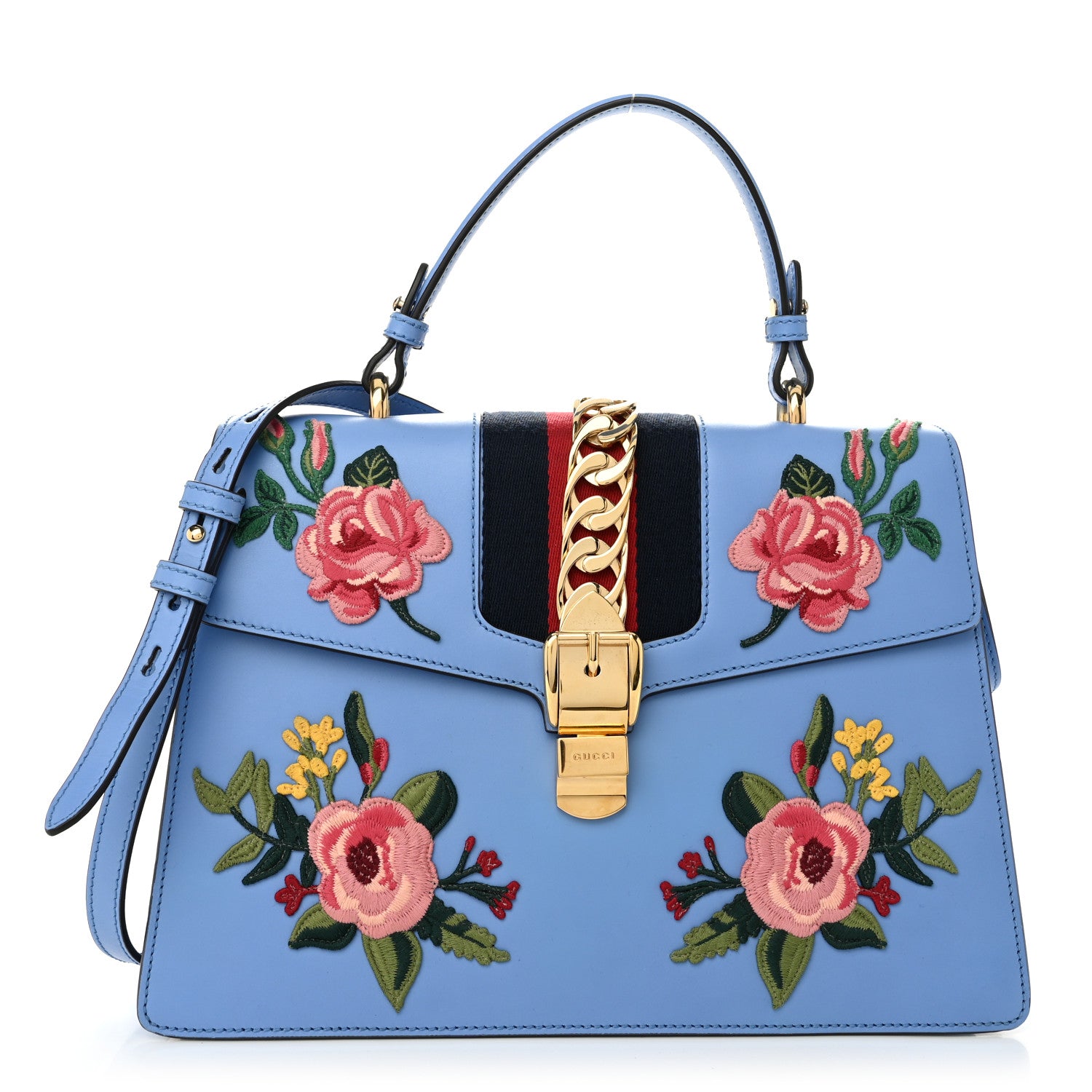 Gucci Calfskin Embroidered Medium Sylvie Top Handle Bag Clear Sky Blue 1 of 10