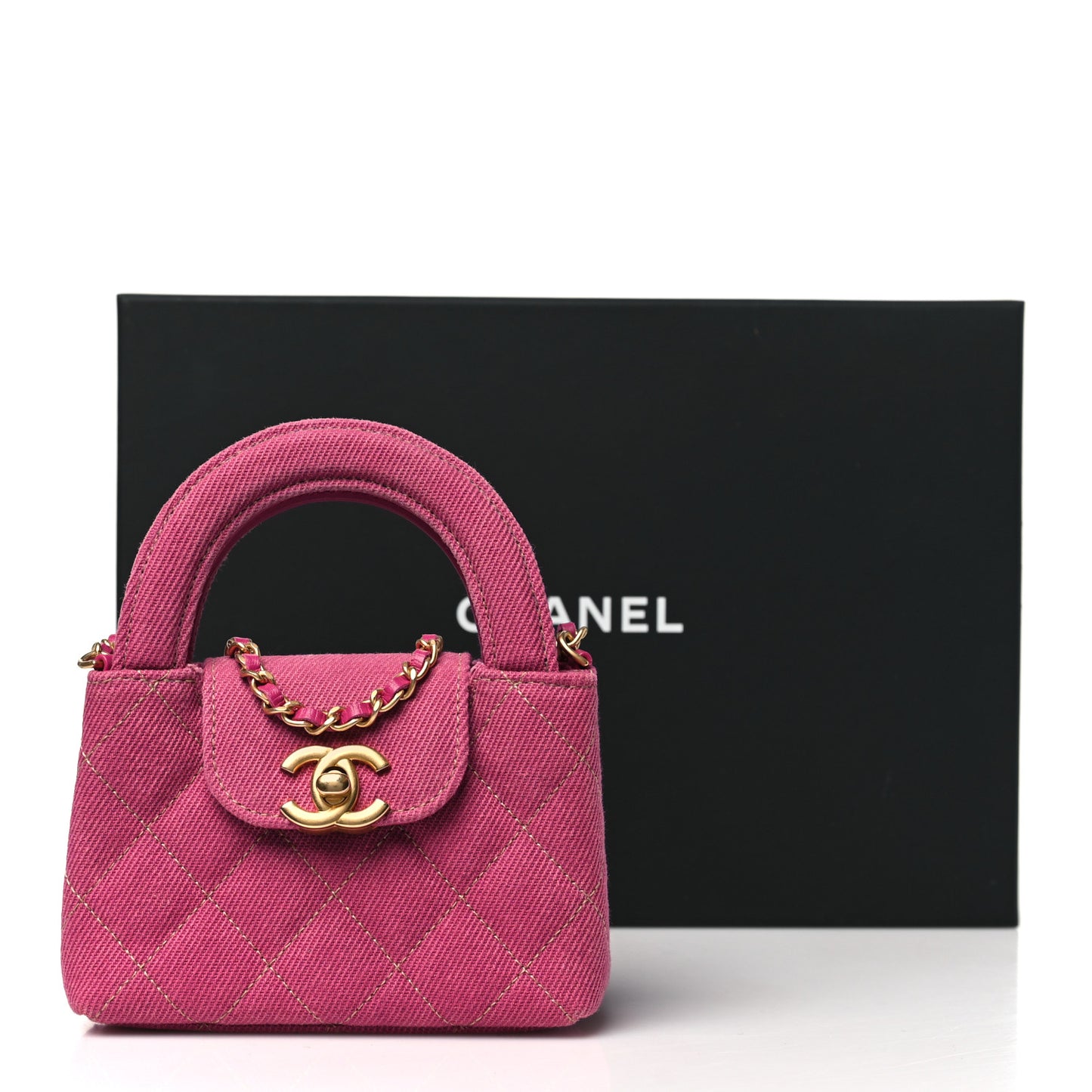 Denim Quilted Mini Nano Kelly Shopper Fuchsia