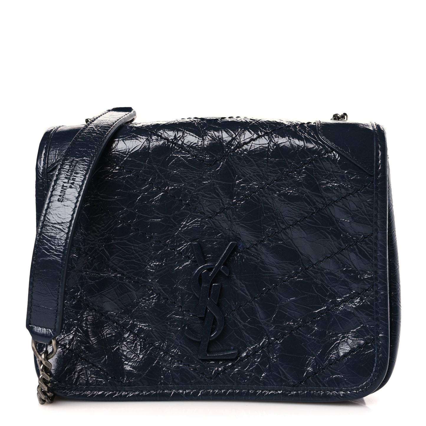 Crinkled Calfskin Matelasse Monogram Niki Chain Wallet Deep Marine