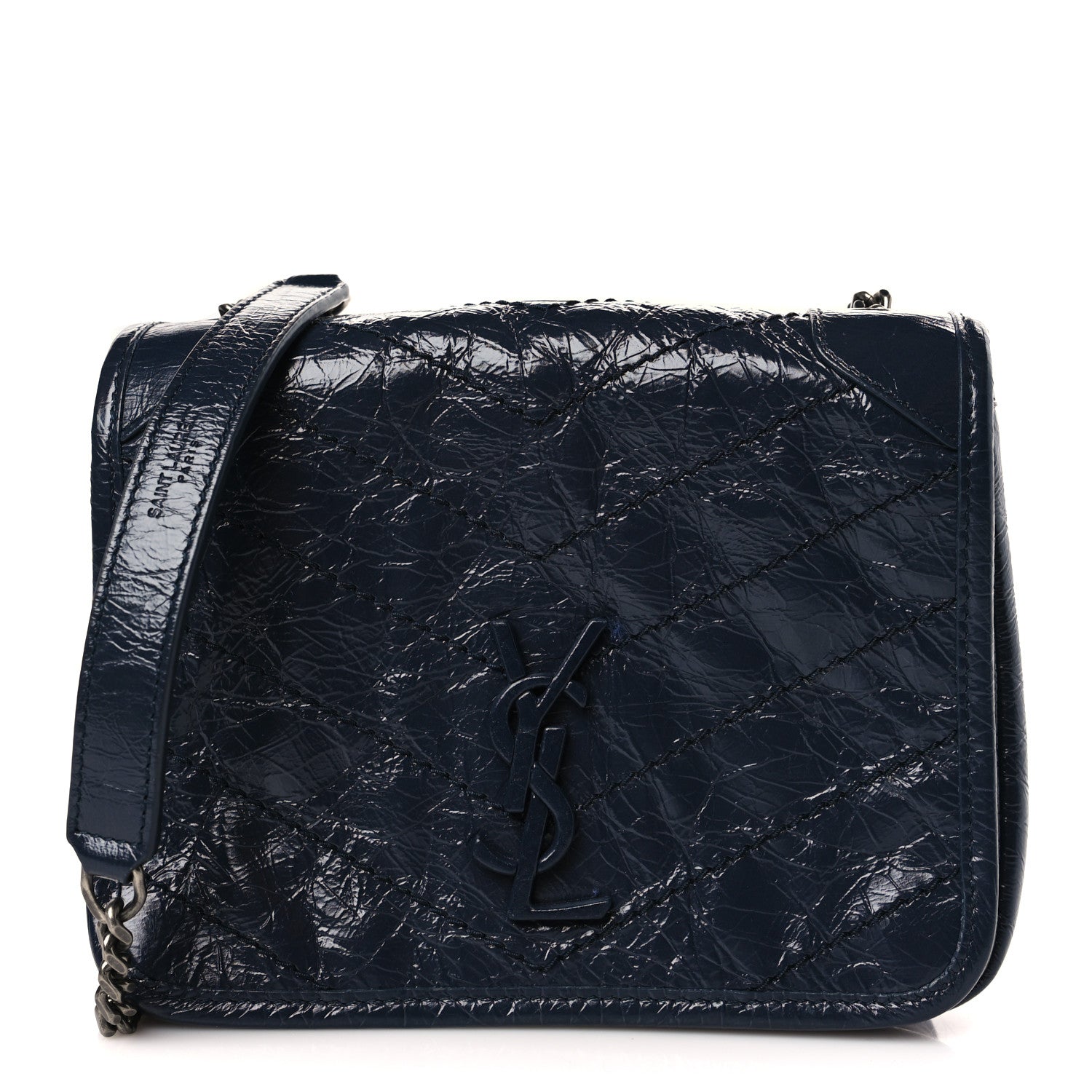 Saint Laurent Crinkled Calfskin Matelasse Monogram Niki Chain Wallet Deep Marine 1 of 9