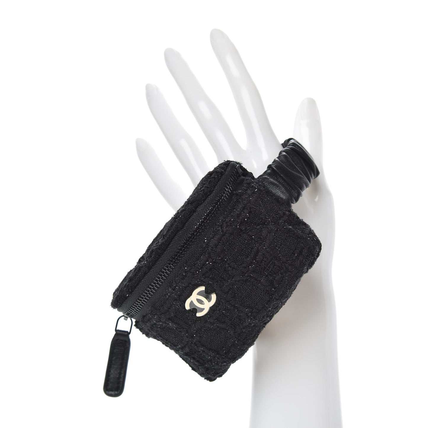 Tweed Lambskin Quilted Arm Coin Purse Black