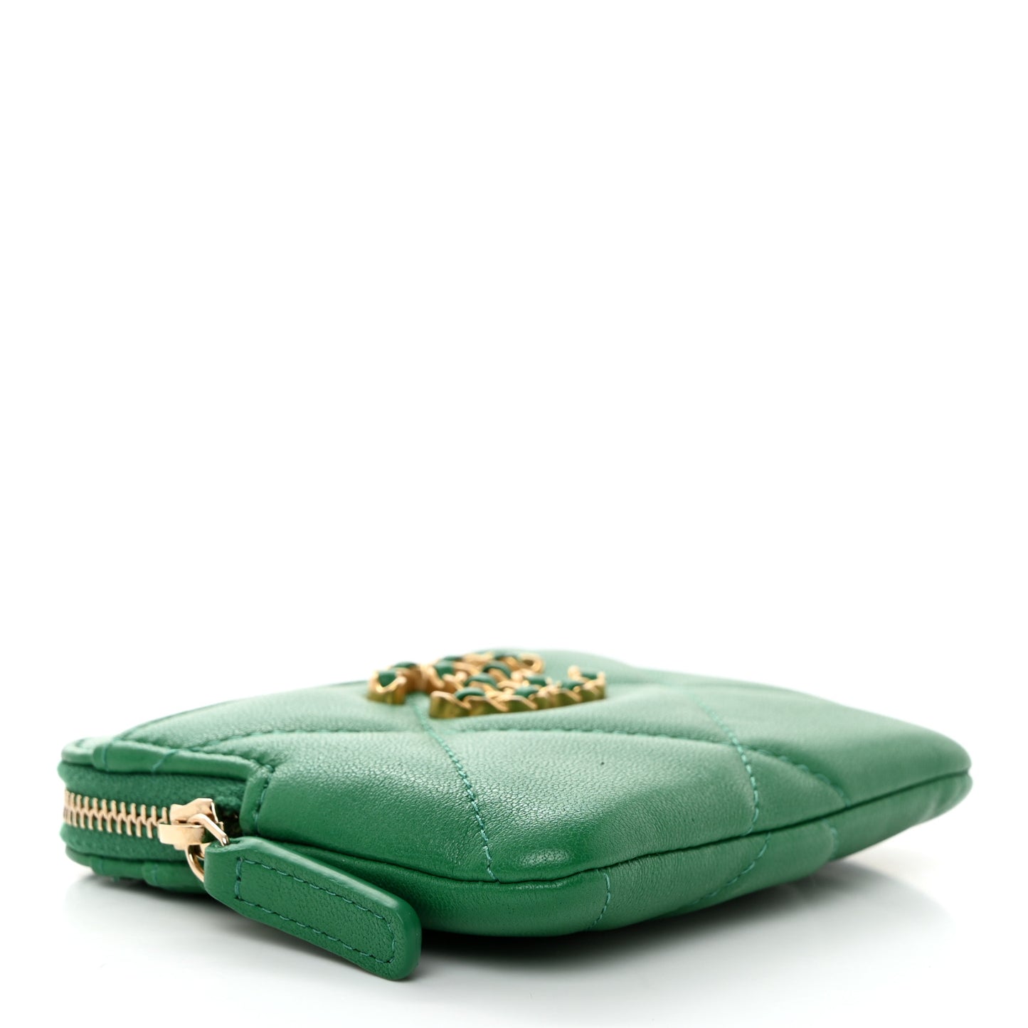 Lambskin Quilted Chanel 19 Zip Card Holder Wallet Green