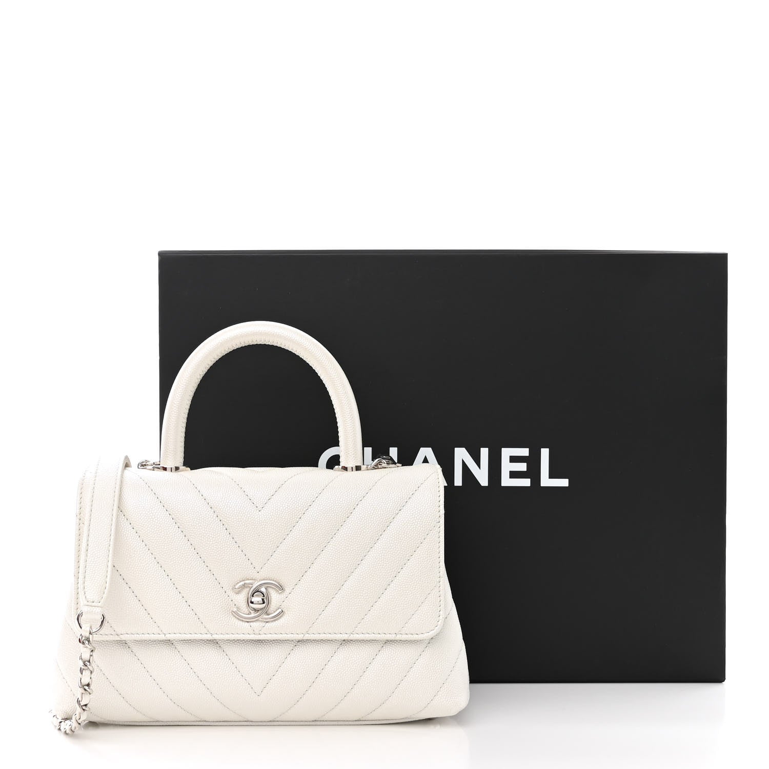 Chanel Iridescent Caviar Chevron Quilted Mini Coco Handle Flap White 12 of 12