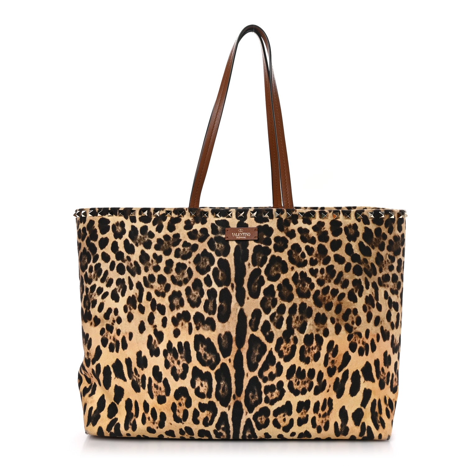 Valentino Garavani VALENTINO GARAVANI Canvas Nappa Leopard Print Rockstud Tote Brown 1 of 10