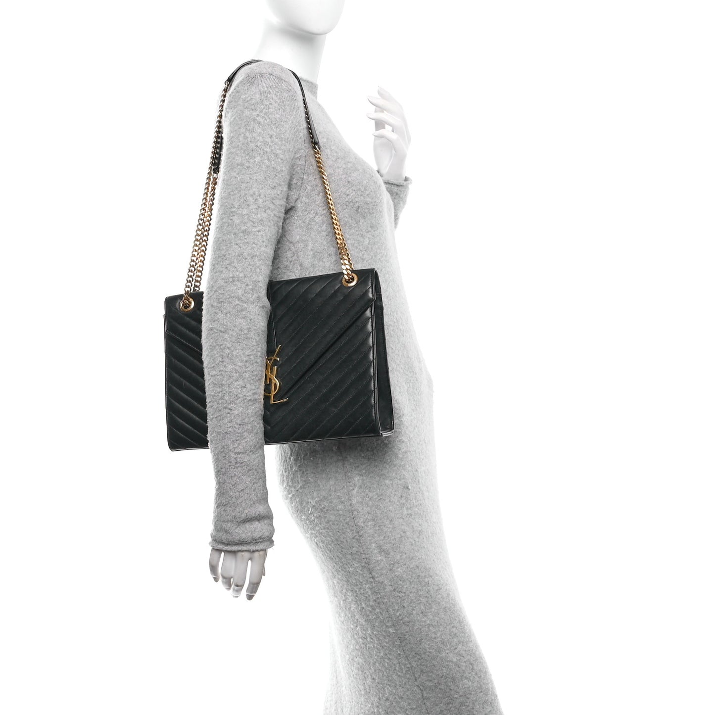 Smooth Calfskin Matelasse Chevron Large Monogram Satchel Black