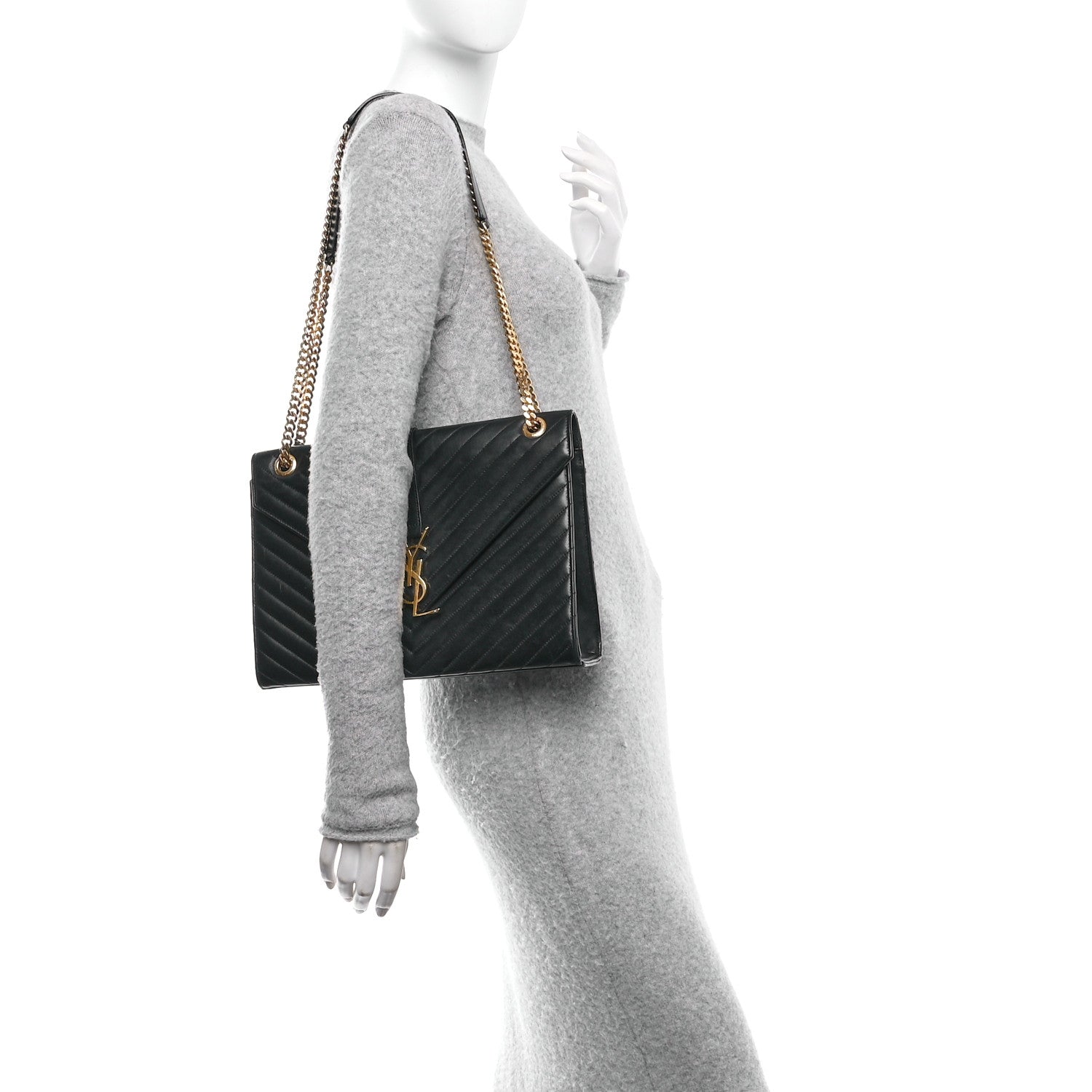 Saint Laurent Smooth Calfskin Matelasse Chevron Large Monogram Satchel Black 2 of 10