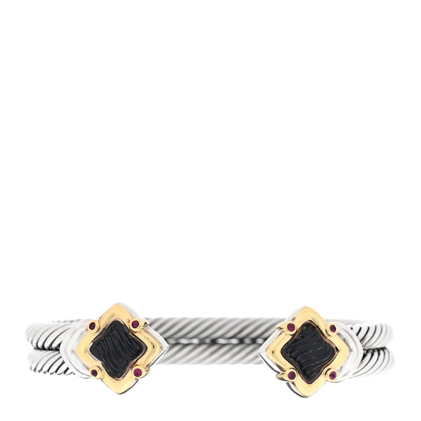 DAVID YURMAN Sterling Silver 18K Yellow Gold Black Onyx Ruby 10mm Quatrefoil Cable Bracelet