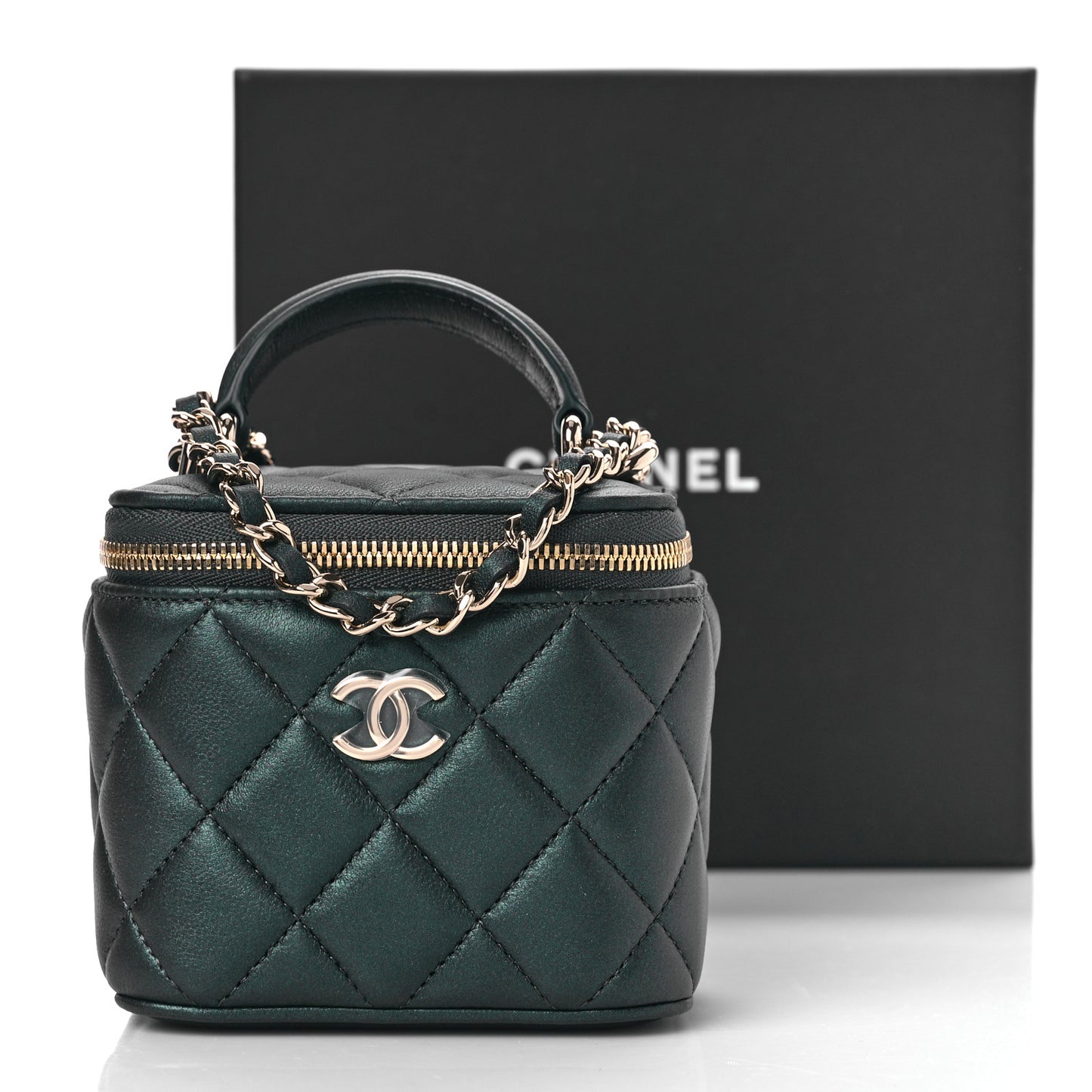 Iridescent Lambskin Quilted Mini Top Handle Vanity Case With Chain Dark Green