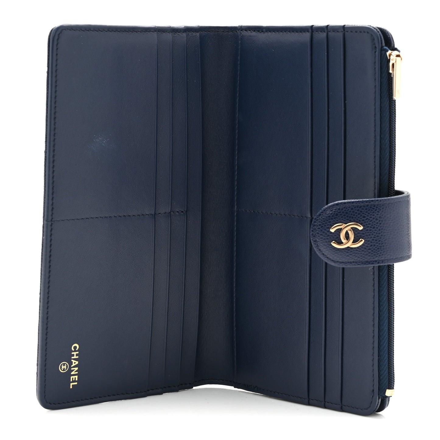 Shiny Caviar Quilted Vertical Long Zip French Wallet Wallet Navy
