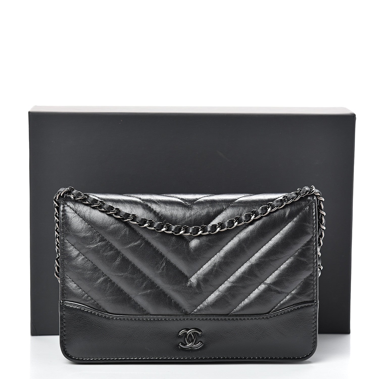 Chanel Aged Calfskin Chevron Quilted Gabrielle Wallet On Chain WOC Black 16 of 16