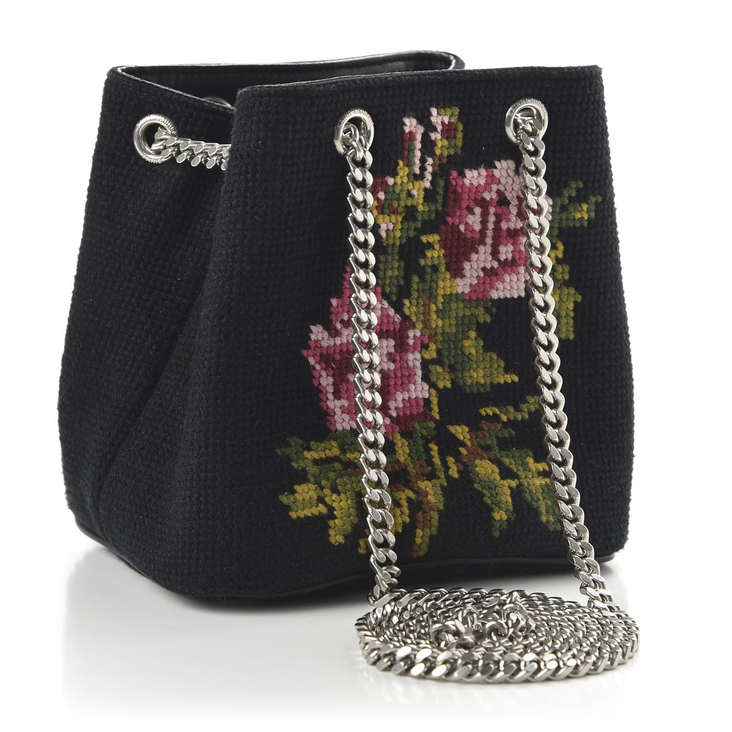 Woven Wool Embroidered Baby Emmanuelle Bucket Bag Black