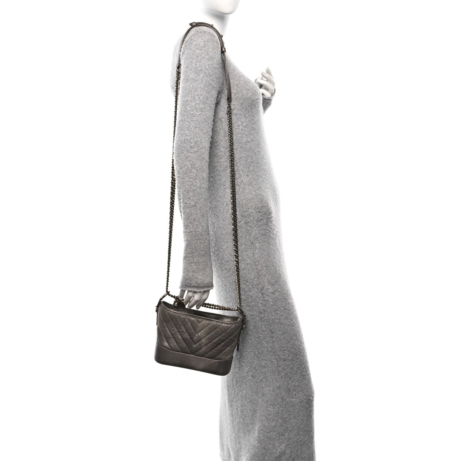 Chanel Metallic Caviar Chevron Quilted Small Gabrielle Hobo Light Silver Gold 2 of 10